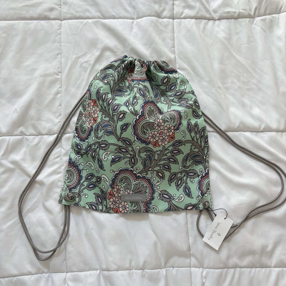 NWT Vera Bradley VB Drawstring Backsack Backpack Floral Paisley Green Feminine